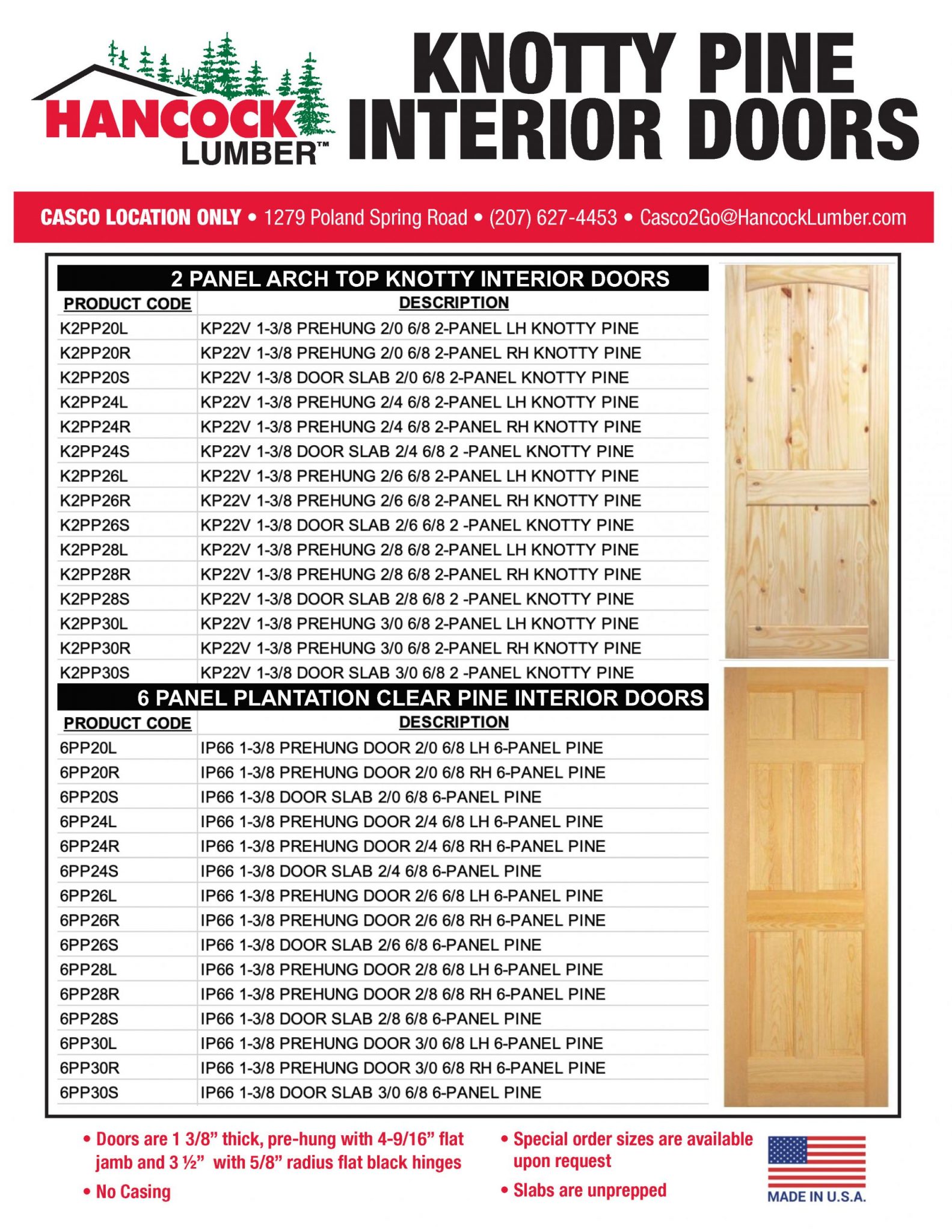 KP22V 13/8 DOOR SLAB 3/0 6/8 2 PANEL KNOTTY PINE Stock Interior